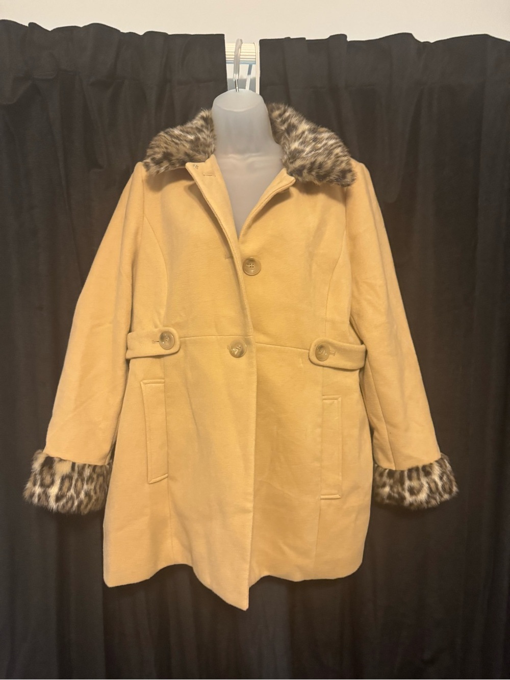 Style & Co. Camel Pea Coat with Faux Leopard-Trim